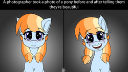 Size: 2500x1408 | Tagged: safe, artist:mranthony2, oc, oc only, oc:aurelia coe, earth pony, pony, blushing, champions of equestria, comic strip, cute, gradient background, happy, looking at you, sitting, smiling, smiling at you, solo