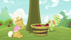 Size: 1920x1080 | Tagged: safe, screencap, goldie delicious, granny smith, earth pony, pony, g4, going to seed, apple, apple tree, tree
