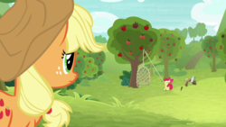 Size: 1920x1080 | Tagged: safe, screencap, apple bloom, applejack, g4, going to seed, apple, apple tree, butterfly net, cage, cloud, food, hill, saddle bag, trap (device), tree