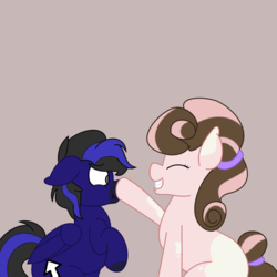 Size: 3000x3000 | Tagged: safe, artist:solardoodles, oc, oc:comp, oc:nieve, earth pony, pegasus, pony, boop, confused, duo, eyes closed, female, high res, male, mare, ribbon, scrunchy face, sitting, smiling, stallion, straight, surprised