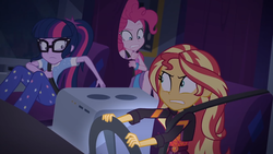 Size: 1920x1080 | Tagged: safe, screencap, pinkie pie, sci-twi, sunset shimmer, twilight sparkle, equestria girls, equestria girls specials, g4, my little pony equestria girls: better together, my little pony equestria girls: sunset's backstage pass, angry, clothes, driving, female, geode of empathy, glasses, jacket, magical geodes, night, pajamas, ponytail, rv, seatbelt, steering wheel, trio, trio female
