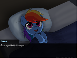 Size: 800x601 | Tagged: safe, artist:dawnmistpony, rainbow dash, pegasus, pony, fanfic:my little dashie, g4, bed, blanket, cute, dashabetes, dialogue, female, filly, filly rainbow dash, hnnng, lying on bed, pillow, solo, source in the description, visual novel, younger