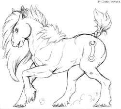 Size: 1600x1449 | Tagged: safe, artist:chrissawyer, oc, oc only, earth pony, pony, g1, black and white, cutie mark, grayscale, long mane, looking at you, male, monochrome, open mouth, raised hoof, raised tail, realistic, sketch, solo, stallion, tail, tail wrap, unshorn fetlocks, wrench