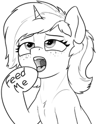 Size: 1055x1358 | Tagged: safe, artist:zippysqrl, oc, oc only, oc:sign, pony, unicorn, body writing, bust, chest fluff, feed me, female, freckles, grayscale, hoof on chin, lidded eyes, monochrome, mute, open mouth, oral fixation, solo