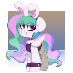 Size: 2000x2000 | Tagged: safe, artist:spoopygander, princess celestia, alicorn, pony, g4, bunny ears, bunny suit, bunnylestia, chest fluff, chibi, choker, clothes, cuffs (clothes), cute, cutelestia, cutie mark, eye clipping through hair, female, fishnet stockings, high res, horn, leotard, mare, multicolored mane, pantyhose, playboy bunny, smiling, solo, stockings, thigh highs, wings