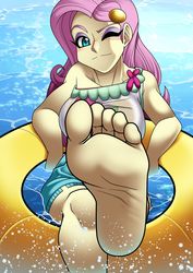 Size: 1280x1811 | Tagged: safe, artist:cyborg-steve, fluttershy, equestria girls, g4, i'm on a yacht, my little pony equestria girls: better together, barefoot, breasts, feet, female, fetish, flutterfeet, foot fetish, foot focus, geode of fauna, magical geodes, scene interpretation, sexy, soles, solo, splash, swimming pool, toes, water