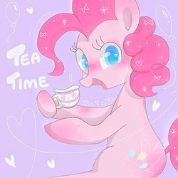 Size: 750x750 | Tagged: safe, artist:1drfl_world_end, pinkie pie, earth pony, pony, g4, balloon, blue eyes, blushing, colored pupils, cute, diapinkes, female, food, heart, purple background, solo, tea, tea time