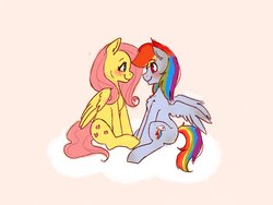 Size: 2048x1536 | Tagged: safe, artist:siripim111, fluttershy, rainbow dash, pegasus, pony, g4, blushing, duo, female, lesbian, looking at each other, ship:flutterdash, shipping, simple background, sitting, white background