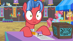 Size: 1600x900 | Tagged: safe, screencap, biscuit, culinary art (g4), cup cake, earth pony, pony, g4, growing up is hard to do, balloon, banner, box, chest, hat, mr. food, paper, pencil, surprised, table, top hat