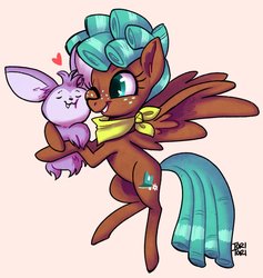 Size: 2567x2710 | Tagged: safe, artist:ohjeetorig, bloofy, spur, pegasus, pony, whirling mungtooth, g4, growing up is hard to do, cute, duo, ear fluff, flying, freckles, heart, high res, hug, neckerchief, official fan art, one eye closed, signature, simple background