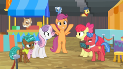 Size: 1600x900 | Tagged: safe, screencap, apple bloom, bandana baldwin, biscuit, culinary art (g4), high stakes, pokey pierce, scootaloo, spur, sweetie belle, earth pony, pegasus, pony, unicorn, g4, growing up is hard to do, bleachers, box, chest, colt, cutie mark, cutie mark crusaders, excited, female, filly, male, mr. food, neckerchief, older, older apple bloom, older cmc, older scootaloo, older sweetie belle, rearing, stallion, stool, the cmc's cutie marks, unamused