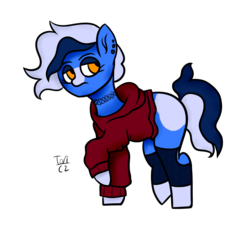 Size: 2000x1800 | Tagged: safe, artist:toricelli, oc, oc only, oc:pascal molex, earth pony, pony, baggy clothing, baggy jacket, choker, ear piercing, goth, hockless socks, leg warmers, mottled coat, piercing, shading, shading practice, soft shading, solo, teenager, watermark