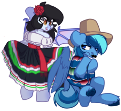 Size: 2021x1841 | Tagged: safe, artist:spoopygander, oc, oc only, oc:mitzy, oc:umami stale, bat pony, pegasus, pony, bat wings, clothes, cloven hooves, crossed hooves, cute, dress, facial hair, female, flower, grumpy, male, mare, mexican, moustache, poncho, smiling, sombrero, stallion, unshorn fetlocks, wings