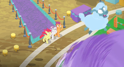 Size: 1600x862 | Tagged: safe, screencap, apple bloom, bloofy, scootaloo, sweetie belle, lamb, sheep, whirling mungtooth, g4, growing up is hard to do, carpet, cutie mark, cutie mark crusaders, from above, older, older apple bloom, older cmc, older scootaloo, older sweetie belle, scared, stool, table, the cmc's cutie marks, tornado, twister, wind, worried