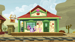 Size: 1600x900 | Tagged: safe, screencap, pony, g4, growing up is hard to do, appleloosa, building, cactus, door, outhouse, train station, train tracks
