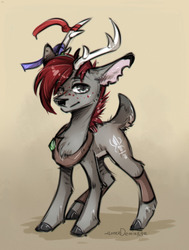 Size: 1280x1692 | Tagged: safe, artist:lonerdemiurge_nail, oc, oc only, oc:taped blade, deer, fordeer, original species, anatomically incorrect, antlers, colored sketch, deer oc, freckles, male, non-pony oc, ribbon, scar, sketch, solo
