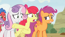 Size: 1600x900 | Tagged: safe, screencap, apple bloom, biscuit, scootaloo, sweetie belle, g4, growing up is hard to do, cutie mark, cutie mark crusaders, older, older apple bloom, older cmc, older scootaloo, older sweetie belle, outdoors, panic, scared, the cmc's cutie marks, worried