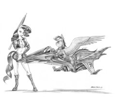 Size: 1400x1122 | Tagged: safe, artist:baron engel, rainbow dash, rarity, anthro, unguligrade anthro, g4, boots, breasts, clothes, evening gloves, gloves, hoverbike, legs, long gloves, looking at you, midriff, miniskirt, monochrome, pencil drawing, race queen, shoes, side slit, skirt, thighs, traditional art, umbrella, uniform, vehicle, weapon, wonderbolts uniform