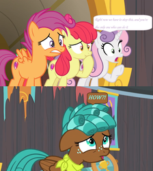 Size: 1600x1784 | Tagged: safe, edit, edited screencap, screencap, apple bloom, scootaloo, spur, sweetie belle, earth pony, pony, g4, growing up is hard to do, comic, cutie mark crusaders, dialogue, neckerchief, older, older apple bloom, older cmc, older scootaloo, older sweetie belle, picture frame, screencap comic, speech bubble, trophy
