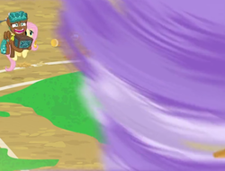 Size: 1168x888 | Tagged: safe, screencap, bloofy, fluttershy, spur, pony, whirling mungtooth, g4, growing up is hard to do, cropped, neckerchief, nervous smile, tornado, twister