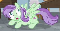 Size: 721x380 | Tagged: safe, screencap, violet twirl, pegasus, pony, a horse shoe-in, g4, background pony, cowering, cropped, female, friendship student, looking up, mare, solo