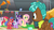 Size: 1366x769 | Tagged: safe, screencap, apple bloom, biscuit, blues, fluttershy, noteworthy, scootaloo, spur, sweetie belle, twilight sparkle, alicorn, earth pony, pegasus, pony, g4, growing up is hard to do, my little pony: friendship is magic, banner, bleachers, box, butt, chest, cutie mark crusaders, mess, neckerchief, nervous smile, older, older apple bloom, older cmc, older scootaloo, older sweetie belle, palindrome get, plot, ripped, scared, twilight sparkle (alicorn)