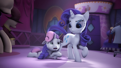 Size: 1425x802 | Tagged: safe, artist:rainbowdashsnipers, rarity, sweetie belle, pony, g4, growing up is hard to do, 3d, begging, carousel boutique, duo, floppy ears, mannequin, scene interpretation