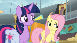 Size: 1366x769 | Tagged: safe, screencap, fluttershy, twilight sparkle, alicorn, pony, g4, growing up is hard to do, season 9, bleachers, duo, mess, saddle bag, smiling, smug, smugshy, twilight sparkle (alicorn)