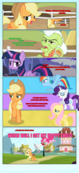 Size: 1919x4225 | Tagged: safe, artist:estories, applejack, fluttershy, granny smith, pinkie pie, rainbow dash, rarity, twilight sparkle, alicorn, earth pony, pegasus, pony, unicorn, comic:a(pple)ffection, g4, non-compete clause, apple, applejack's hat, comic, cowboy hat, duo, eyes closed, female, floppy ears, food, granny smith is not amused, hat, high res, megaphone, open mouth, rarity is not amused, twilight sparkle (alicorn), twilight sparkle is not amused, unamused