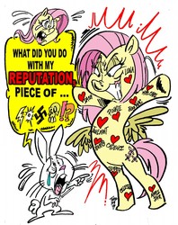 Size: 1012x1280 | Tagged: safe, artist:grotezco, artist:tokiotoyy2k, angel bunny, fluttershy, g4, she talks to angel, body swap, censored vulgarity, crying, dialogue, evil grin, grawlixes, grin, heart, hip wings, implied applejack, implied big macintosh, implied cup cake, implied pinkie pie, implied princess cadance, implied princess celestia, implied princess luna, implied rainbow dash, implied rarity, implied tempest shadow, implied twilight sparkle, rearing, simple background, smiling, speech bubble, swastika, tattoo, white background