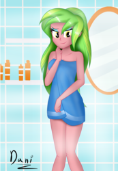Size: 2113x3047 | Tagged: safe, artist:danielitamlp, lemon zest, equestria girls, g4, bathroom, female, high res, looking at you, naked towel, signature, smiling, smirk, solo, towel