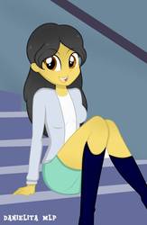 Size: 721x1108 | Tagged: safe, artist:danielitamlp, oc, oc only, oc:dany melody, equestria girls, g4, boots, breasts, clothes, equestria girls-ified, female, legs, looking at you, miniskirt, open mouth, shoes, sitting, skirt, smiling, socks, solo
