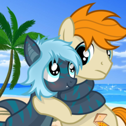 Size: 2500x2500 | Tagged: safe, artist:pizzamovies, oc, oc:mariana, oc:pizzamovies, earth pony, original species, pony, shark pony, beach, blushing, cloud, coconut tree, female, high res, hug, male, ocean, palm tree, reflection, show accurate, tree