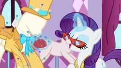 Size: 1920x1080 | Tagged: safe, screencap, rarity, pony, g4, growing up is hard to do, clothes, female, hat, magic, mannequin, mare, needle, pincushion, solo, suit, top hat