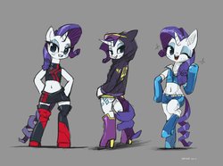 Size: 2357x1757 | Tagged: safe, artist:satv12, rarity, unicorn, semi-anthro, belly button, bipedal, boots, butt, clothes, cute, duality, female, gray background, high heel boots, hoodie, looking at you, looking back, looking back at you, mare, midriff, miniskirt, moe, one eye closed, plot, race queen, shoes, simple background, skirt, solo, sports bra, wink, zettai ryouiki