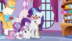 Size: 1920x1080 | Tagged: safe, screencap, rarity, sweetie belle, pony, g4, growing up is hard to do, clothes, hat, magic, mannequin, pincushion, suit, top hat
