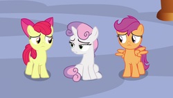 Size: 1920x1080 | Tagged: safe, screencap, apple bloom, scootaloo, sweetie belle, earth pony, pony, g4, growing up is hard to do, cutie mark crusaders