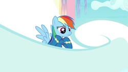 Size: 1920x1080 | Tagged: safe, screencap, rainbow dash, pony, g4, growing up is hard to do, clothes, cloud, female, mare, solo, uniform, wonderbolts uniform