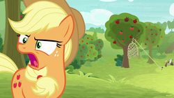 Size: 1280x720 | Tagged: safe, screencap, applejack, earth pony, pony, g4, going to seed, apple, apple tree, female, freckles, mare, net, open mouth, solo, trap (device), tree
