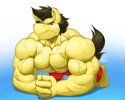 Size: 1125x900 | Tagged: safe, artist:ponyanony, oc, oc only, earth pony, anthro, unguligrade anthro, anthro oc, biceps, bodybuilder, clasped hands, clothes, deltoids, looking at you, male, muscles, pecs, shorts, solo, stallion, sweat, triceps, vein