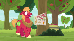 Size: 1280x720 | Tagged: safe, screencap, big macintosh, earth pony, pony, g4, going to seed, apple, apple tree, barrel, male, open mouth, solo, stallion, tree