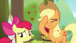 Size: 1280x720 | Tagged: safe, screencap, apple bloom, applejack, earth pony, pony, g4, going to seed, apple, apple tree, facehoof, tree
