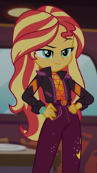 Size: 386x685 | Tagged: safe, screencap, sunset shimmer, equestria girls, equestria girls series, g4, sunset's backstage pass!, spoiler:eqg series (season 2), clothes, cropped, female, geode of empathy, hand on hip, jacket, magical geodes, raised eyebrow, solo