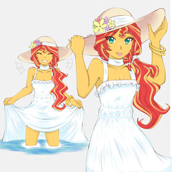 Size: 3582x3582 | Tagged: safe, artist:deeemperor, sunset shimmer, equestria girls, g4, adorasexy, adorkable, adorkasexy, choker, cleavage, clothes, cute, dork, dress, eye clipping through hair, hat, high res, legs in the water, looking at you, partially submerged, sexy, shimmerbetes, side ponytail, simple background, smiling, standing in water, sun hat, sundress, tongue out, water, white background