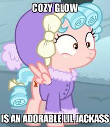 Size: 550x633 | Tagged: safe, artist:turbogamer98, edit, edited screencap, screencap, cozy glow, pony, frenemies (episode), g4, captain obvious, caption, clothes, cropped, female, image macro, meme, solo, text, winter outfit