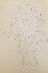 Size: 2612x3991 | Tagged: safe, artist:undeadponysoldier, spike, dragon, g4, molt down, angry, drawn with reference, fist, high res, looking up, male, pencil drawing, simple background, solo, spread wings, traditional art, winged spike, wings
