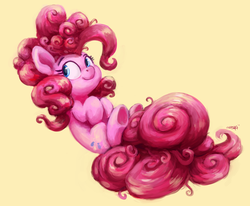 Size: 3281x2700 | Tagged: safe, artist:aemuhn, pinkie pie, earth pony, pony, g4, cute, diapinkes, female, high res, hooves to the chest, mare, messy mane, messy tail, on back, simple background, smiling, solo, underhoof, yellow background