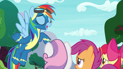 Size: 1920x1080 | Tagged: safe, screencap, apple bloom, rainbow dash, scootaloo, sweetie belle, pony, g4, growing up is hard to do, clothes, cutie mark crusaders, flying, goggles, outdoors, sad, uniform, wonderbolts uniform