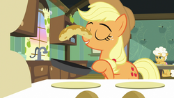 Size: 1280x720 | Tagged: safe, screencap, applejack, goldie delicious, g4, going to seed, food, pancakes