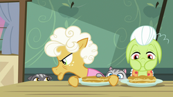 Size: 1280x720 | Tagged: safe, screencap, goldie delicious, granny smith, cat, g4, going to seed, cat stealing food